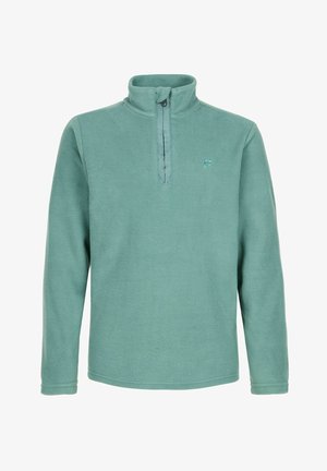 Pull polaire vert doux à fermeture éclair quart, manches longues, avec petit logo brodé sur le côté gauche de la poitrine.