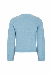 Lichtblauw wollen blend trui met een ronde hals, lange mouwen en geribbelde zoom, met een zachte, licht pluizige textuur.