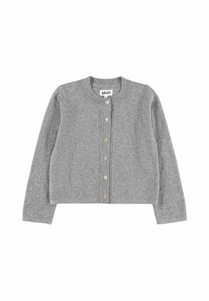 Cardigan gris à manches longues avec col côtelé et patte de boutonnage, présenté à plat avec une étiquette de marque "Molo" à l’intérieur du col.