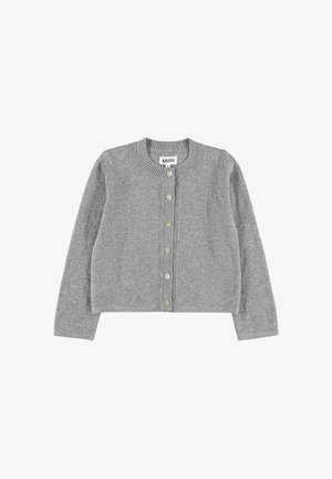 Cardigan gris à manches longues avec col côtelé et patte de boutonnage, présenté à plat avec une étiquette de marque "Molo" à l’intérieur du col.