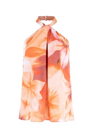 Mouwloze jurk met halternek en grote oranjerode en roze bloemenprint, met een hoge hals en sluiting met gesp.