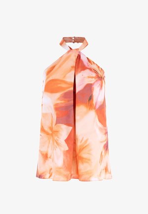 Sukienka na ramiączkach z wiązaniem na szyi, bez rękawów, z dużym pomarańczowo-różowym kwiatowym wzorem, z wysokim dekoltem zapinanym na zatrzask.