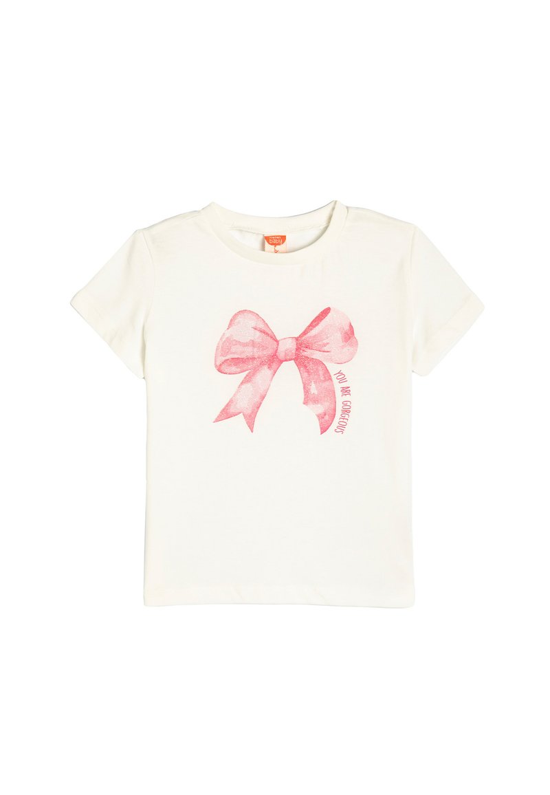 Hvid kortærmet T-shirt med et glitrende pink sløjfe-grafik og teksten "DU ER FANTASTISK" under sløjfen. Blødt bomulds-materiale.