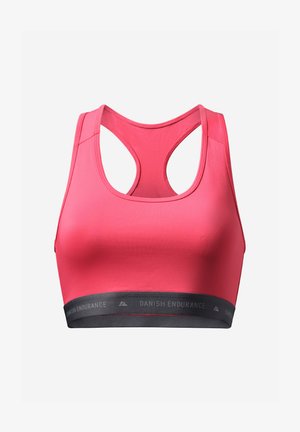 Bra sportivo in tessuto fucsia brillante con design a dorso scoperto. Presenta un bordo nero con il testo "DANISH ENDURANCE". Texture liscia.