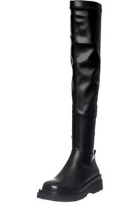 Botas negras hasta la rodilla en cuero suave, con punta redondeada, suela plana y un diseño minimalista con detalles de costura lateral.