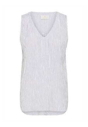Mouwloze top in het wit met dunne verticale strepen. V-hals ontwerp, lichtgewicht materiaal en een licht afgeronde zoom. Subtiele textuurdetails.
