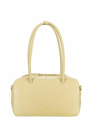 Sac à main rectangulaire en cuir beige avec doubles poignées, fermeture éclair sur le dessus et logo discret embossé sur le devant.