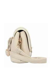 Beige Leder-Crossbody-Tasche mit strukturierter Form. Verfügt über einen Reißverschluss oben, einen verstellbaren Riemen und goldene Hardware-Akzente.