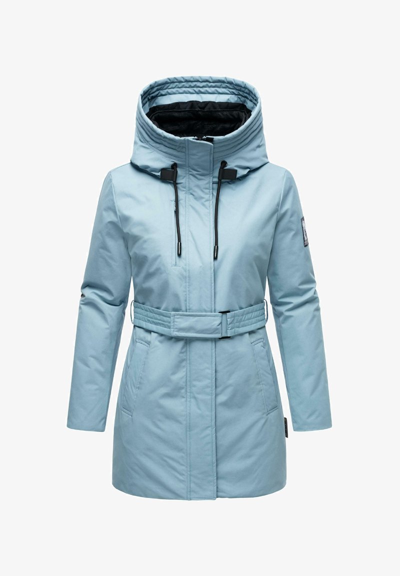 Gai zils ziemas mētelis ar kapuci un jostu viduklī, ar rāvējslēdzēja priekšpusi, divām sānu kabatām un mīkstu, teksturētu iekšējo odere.