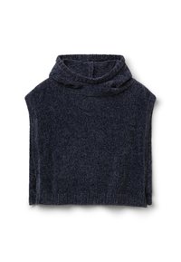 Ciemnoszary, dzianinowy, bezrękawnik z miękkim kołnierzem typu stójka, prążkowanym dołem i teksturowanym wykończeniem materiału.