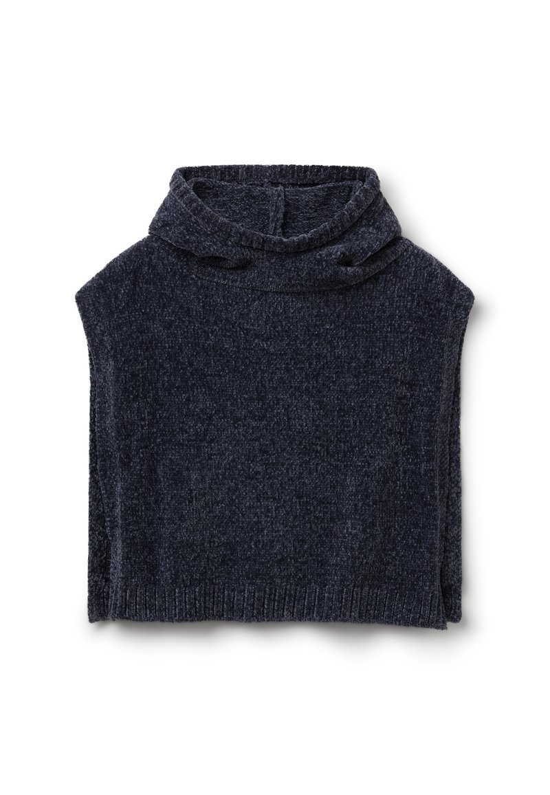 Ciemnoszary, dzianinowy, bezrękawnik z miękkim kołnierzem typu stójka, prążkowanym dołem i teksturowanym wykończeniem materiału.