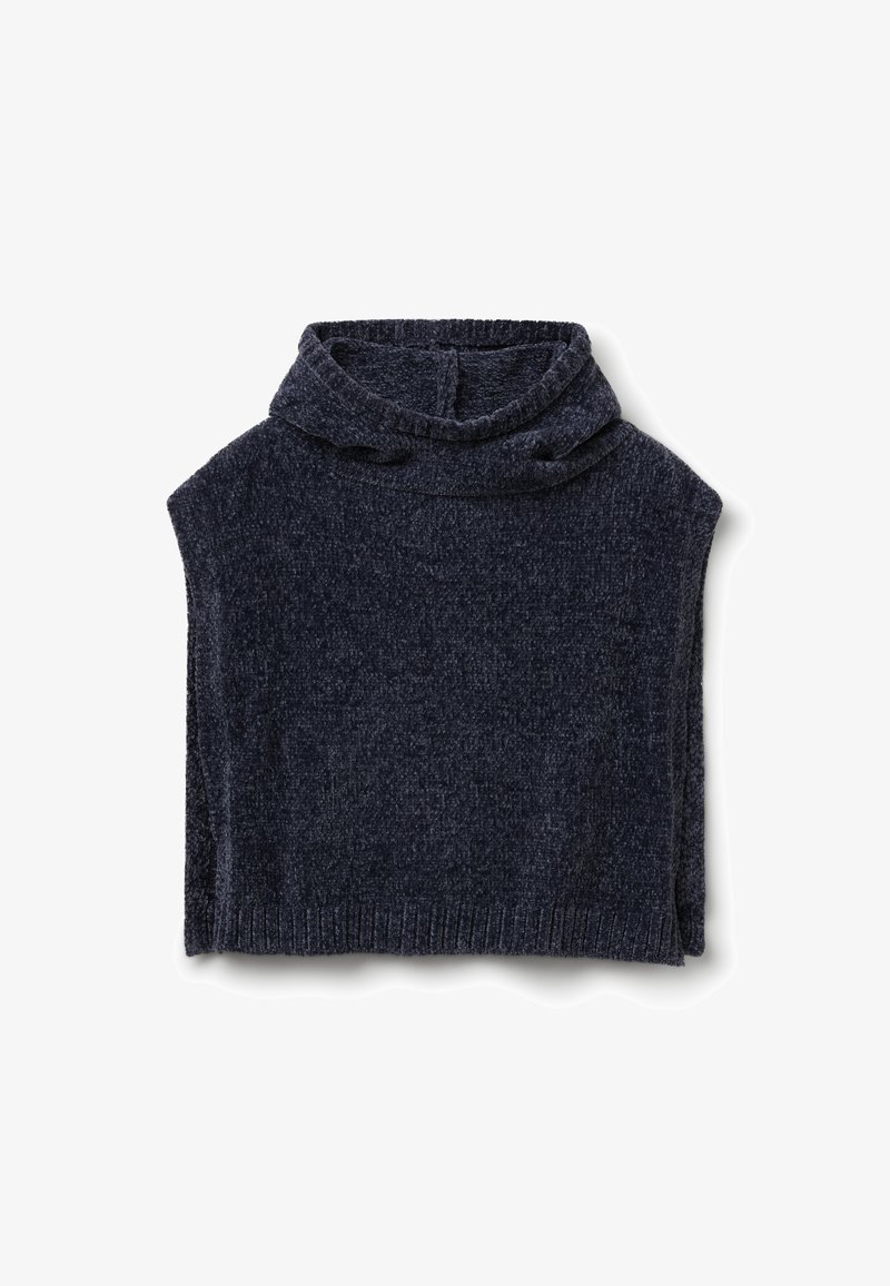 Ciemnoszary, dzianinowy, bezrękawnik z miękkim kołnierzem typu stójka, prążkowanym dołem i teksturowanym wykończeniem materiału.