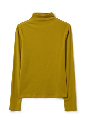 Maglione a maniche lunghe con collo alto in giallo senape, realizzato in morbido tessuto jersey. Presenta una silhouette aderente e cuciture minime per un aspetto pulito.