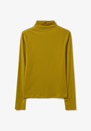 Maglione a maniche lunghe con collo alto in giallo senape, realizzato in morbido tessuto jersey. Presenta una silhouette aderente e cuciture minime per un aspetto pulito.