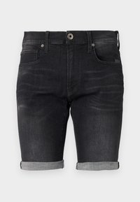 Black denim shorts with a fitted design, rolled cuffs, and a classic waistband featuring a front button closure and side pockets.