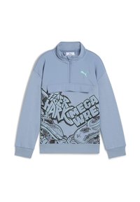 Felpa blu con colletto alto, dotata di zip frontale, con stampa grafica di dinosauri e testo in nero e verde nella parte inferiore.