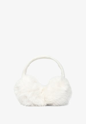 Borsa in ecopelo bianco con design arrotondato, dotata di un manico corto. La superficie è morbida e pelosa, creando un aspetto testurizzato.