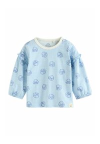 Himmelblaues Langarmhemd mit weißen Akzenten, das ein Gingham-Muster und handgezeichnete blaue Hasenmotive aufweist. Rüschenärmel und Knopfdetaillierung.