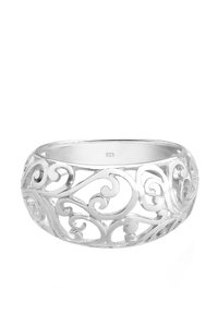 Sterling-Silberring mit komplizierten Wirbelmustern, versehen mit einem Durchbruchsdesign und polierter Oberfläche. Innen mit '925' für die Silberreinheit gekennzeichnet.