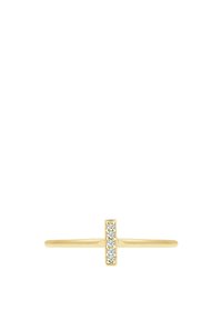 Guld ring med en lodret rektangulær detalje med fem klare sten, slankt bånddesign, poleret finish, glat tekstur.