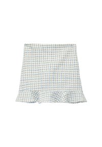 Mini-jupe à carreaux bleus et blancs avec un ourlet ruffles, en tissu texturé. Présente un motif en grille avec des accents bleus.