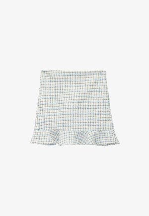 Blauw-wit geruite mini-jurk met een gerimpelde zoom, gemaakt van textuurstof. Heeft een roosterpatroon met blauwe accenten.