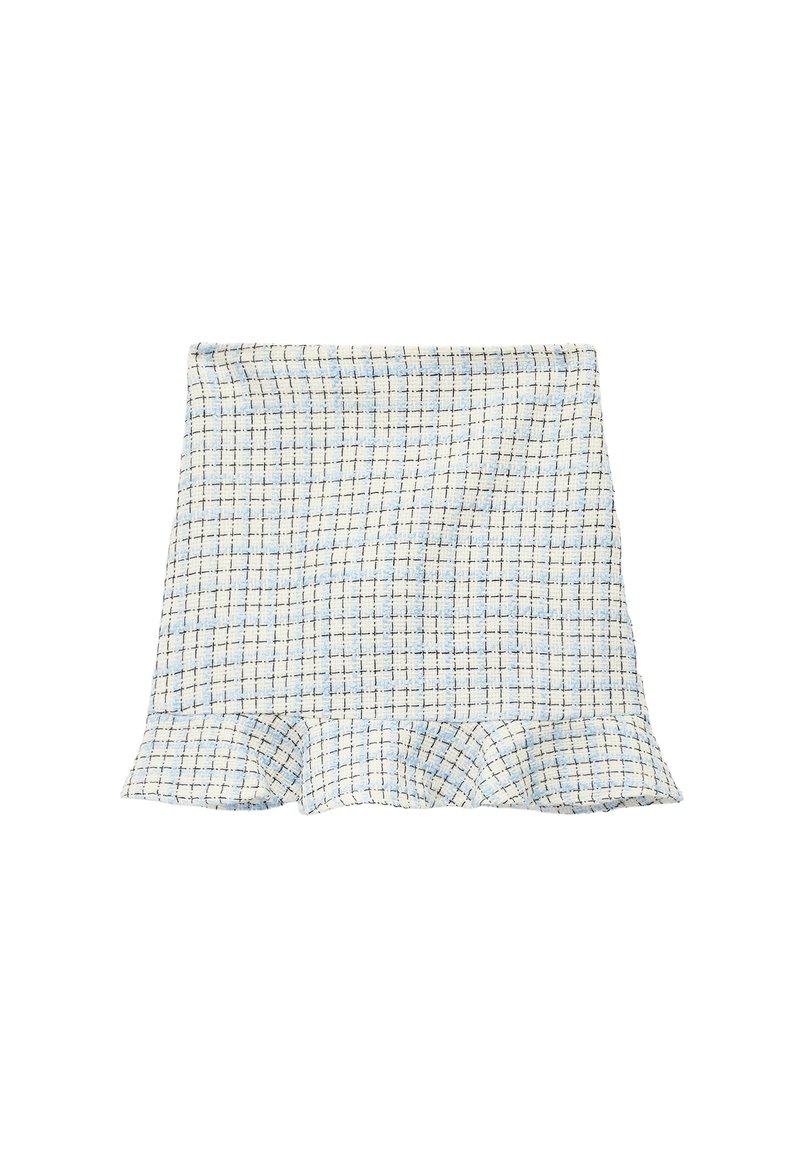 Mini-jupe à carreaux bleus et blancs avec un ourlet ruffles, en tissu texturé. Présente un motif en grille avec des accents bleus.