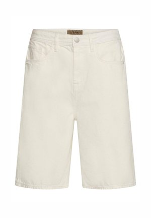 Męskie kremowe szorty do kolan z przednimi kieszeniami, szlufkami na pasek i zapięciem na guzik.