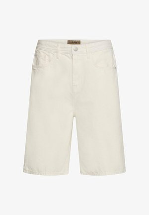 Pantaloni scurți pentru bărbați de culoare alb-murdar, până la genunchi, cu buzunare frontale, curele pentru centură și închidere cu nasture.