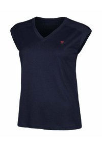 T-shirt blu navy a maniche corte con scollo a V realizzato in tessuto leggero. Presenta un piccolo logo rosso sul lato sinistro del petto. Design semplice.