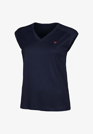 Camiseta de cuello en V de manga corta en azul marino, hecha de tela ligera. Presenta un pequeño logo rojo en la parte superior izquierda del pecho. Diseño sencillo.