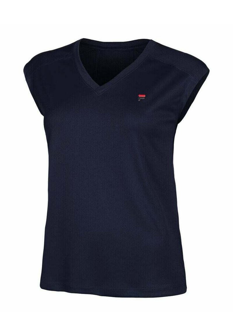 T-shirt blu navy a maniche corte con scollo a V realizzato in tessuto leggero. Presenta un piccolo logo rosso sul lato sinistro del petto. Design semplice.