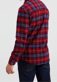 Camicia in flanella a quadri rossi e blu con maniche lunghe, polsini abbottonati e orlo curvo; tessuto testurizzato; la vista posteriore mostra i dettagli delle spalle.