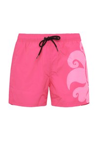 Pantaloni da bagno rosa realizzati in tessuto leggero, con un laccio nero e un grande motivo a vortice rosa chiaro sulla parte frontale.