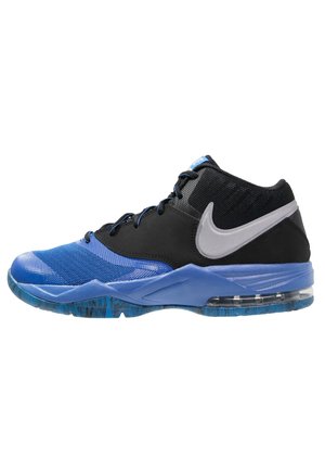 Black and blue mid-top Nike sneaker with light gray swoosh, mesh toe, cushioned sole, and visible air unit in the heel.