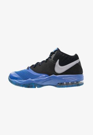 Baskets Nike montantes noires et bleues avec logo Swoosh gris clair, bout en mesh, semelle rembourrée et unité d’air visible au talon.