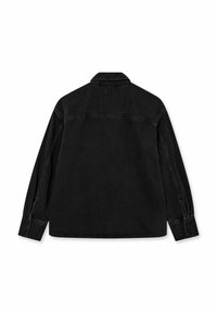 Schwarzes Denim-Hemd mit langen Ärmeln, geknöpften Manschetten und spitzem Kragen. Glatte Textur mit einem leicht rauen Look und minimaler Nahtführung.