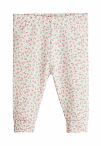 Blumen-Leggings aus leicht mintgrünem Stoff, mit kleinen rosa und blauen Blumen. Elastischer Bund und enganliegende Manschetten an den Knöcheln.