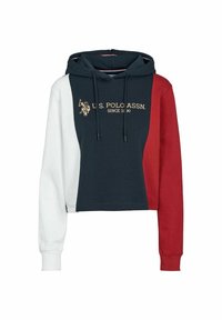 Skórzana bluza z kapturem w kolorze granatowym, czerwonym i białym. Posiada sznurki w kapturze oraz złotą, haftowaną naszywkę "U.S. Polo Assn." z przodu. Wykonana z miękkiego materiału.