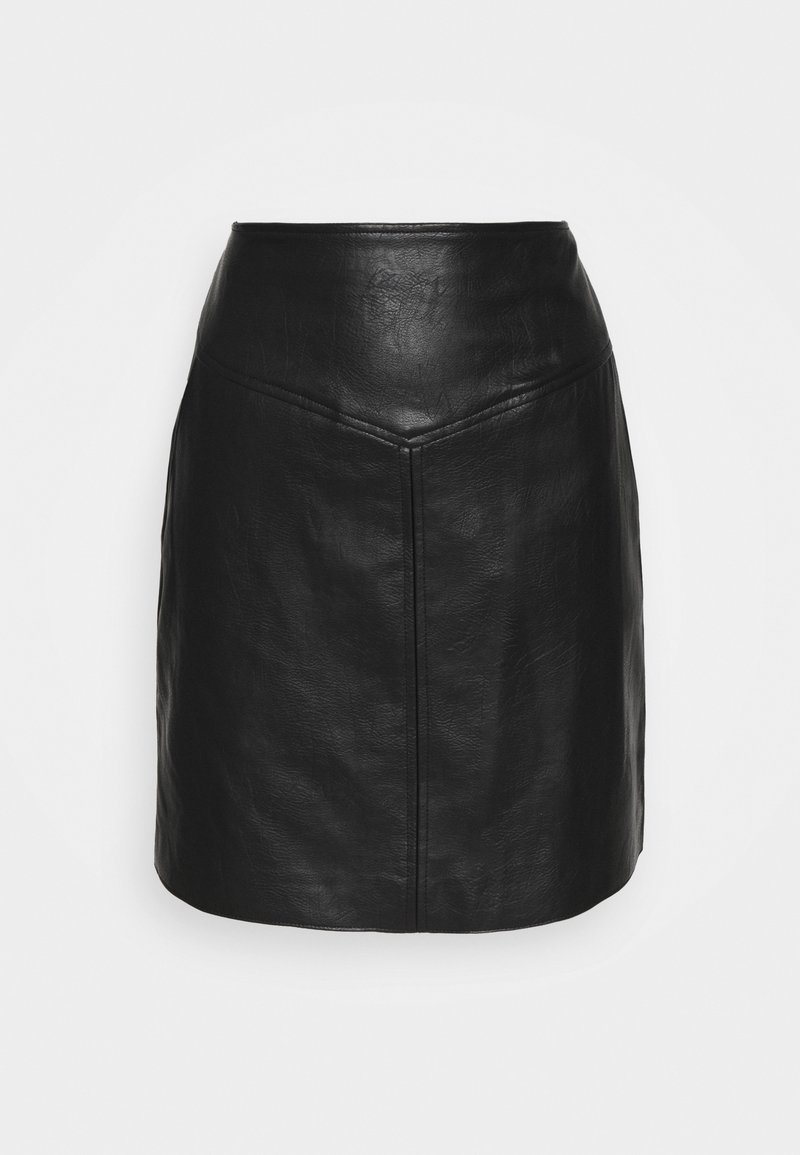 Black leather mini skirt with a high waist and front seam detailing. Smooth texture with a slight sheen, featuring a fitted silhouette.
