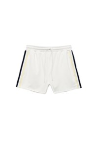 Hvide svømshorts med struktureret stof, elastisk talje med snor og marineblå og gule sidelister.