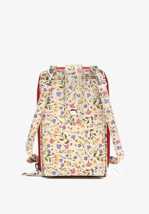 Kruisbody tas met bloemendruk op een crèmekleurige basis, met roze en blauwe bloemen, een rode rits, een afneembare strap en drukknopsluiting.