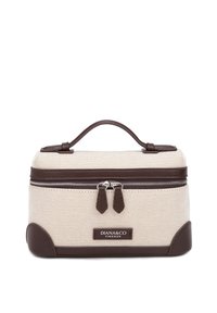 Trousse cosmétique rectangulaire en tissu beige avec garniture en cuir marron, poignée, double fermeture éclair et étiquette « DIANA&CO FIRENZE » sur le devant.