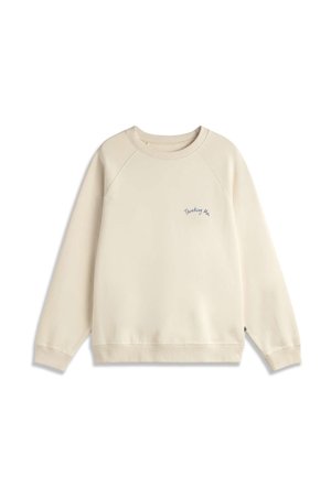 Sweatshirt beige à manches longues avec col rond et petit texte bleu marine « Thinking of u » sur la poitrine gauche.