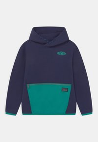 Felpa con cappuccio blu navy con accenti e logo verdi, dotata di tasca frontale con cerniera e dettagli del bordo a contrasto. Realizzata in tessuto morbido e texturizzato.