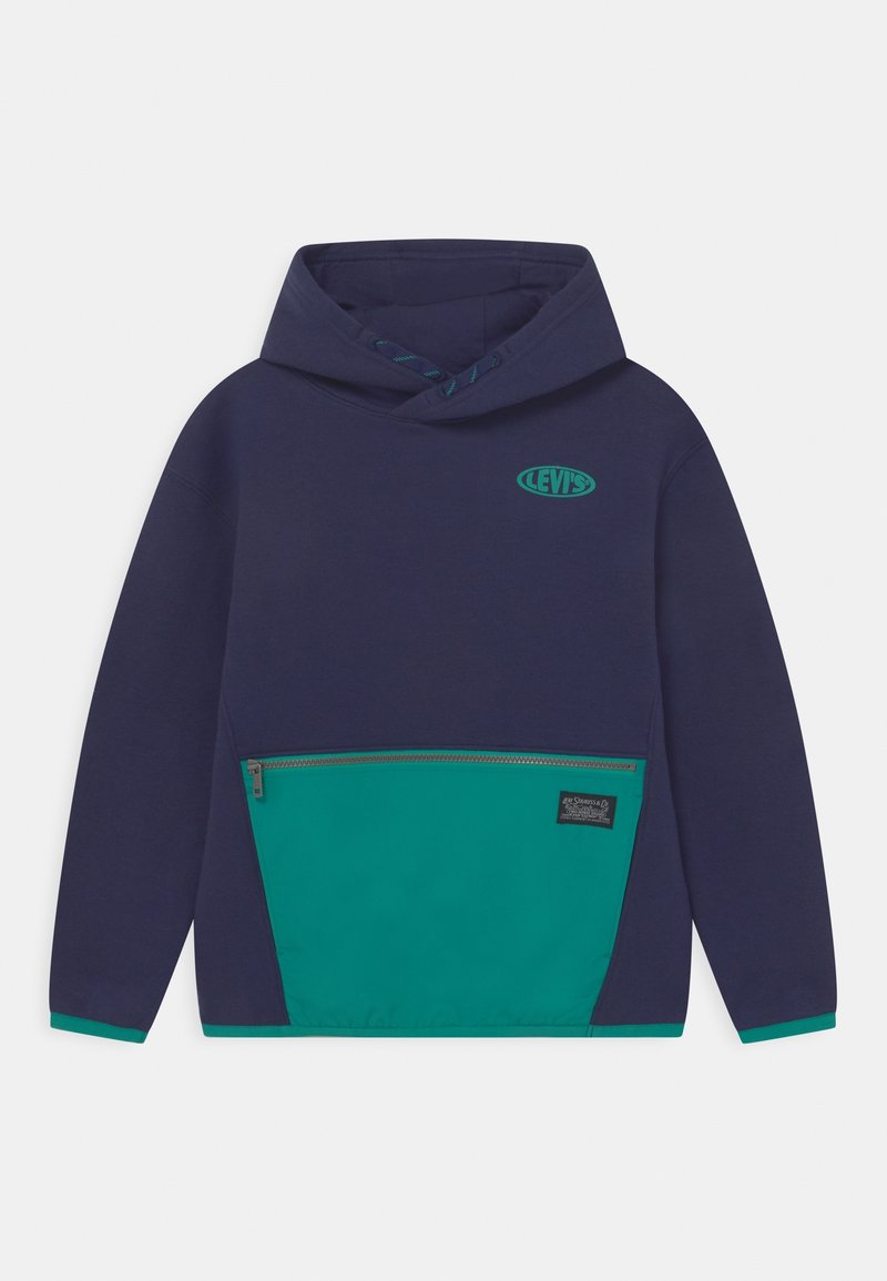 Felpa con cappuccio blu navy con accenti e logo verdi, dotata di tasca frontale con cerniera e dettagli del bordo a contrasto. Realizzata in tessuto morbido e texturizzato.