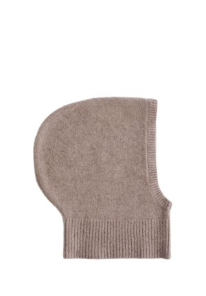 Beige gestrickte Balaklava aus weichem Material; verfügt über eine abgerundete Form, gerippte Kanten und eine glatte Struktur. Geeignet für kaltes Wetter.