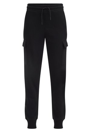 Pantalon jogger cargo noir avec taille élastique, cordon de serrage, poches latérales à rabat et bords-côtes aux chevilles.