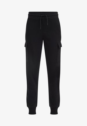 Pantalon jogger cargo noir avec taille élastique, cordon de serrage, poches latérales à rabat et bords-côtes aux chevilles.