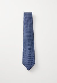 Cravatta blu navy con un motivo a griglia testurizzato. Realizzata in tessuto con una finitura liscia. Lunghezza standard con punta.